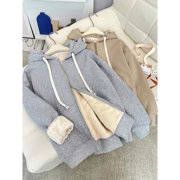 加絨加厚衛衣女秋冬裝新款韓版寬松仿羊羔絨連帽拉鏈保暖開衫外套