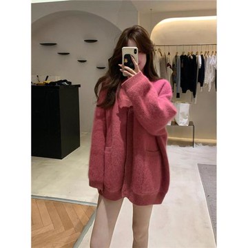奶呼呼軟糯玫紅色加厚開衫毛衣外套女春秋慵懶風中長款針織衫上衣