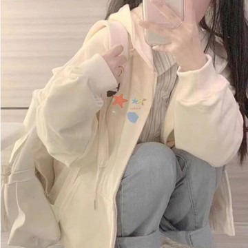 愛依依 衛衣外套 連帽外套 印花上衣 學院風S-2XL新款星星印花連帽開衫衛衣運動休閒外套-9547.