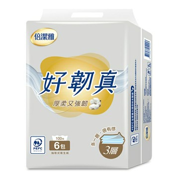 倍潔雅好韌真3層抽取衛生紙100抽6包