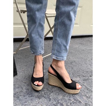 2026年春淺口魚嘴絨面防水臺厚底麻繩編織坡跟涼鞋9CM超高跟女鞋