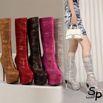 【Sp house】漸層豹紋搶眼高跟厚底大小尺碼長靴(4色可選)