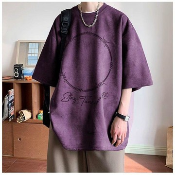 鹿皮絨新款短袖t恤男士潮牌痞帥重磅美式高街休閒寬鬆大碼體恤衫