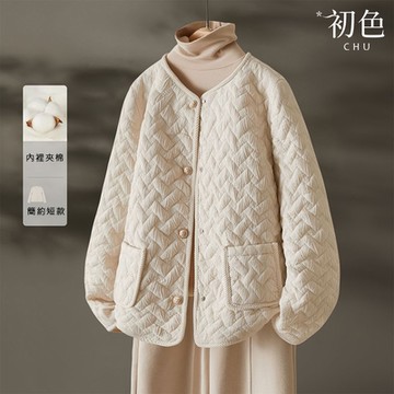 初色 簡約小香風純色單排釦長袖肌理感外套女外套-米杏色-38981(M-3XL可選)