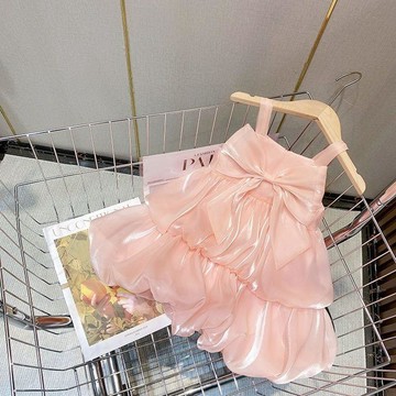 🎀biubiu童裝🎀女童夏季新款蝴蝶結網紗連衣裙兒童吊帶洋氣公主夏裝裙子