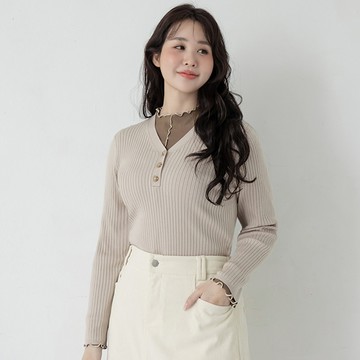 抗起球V領坑條針織上衣