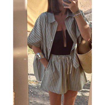跨境歐美2025夏季速賣通條紋襯衫口袋短褲 寬松休閑套裝女NTZ6010