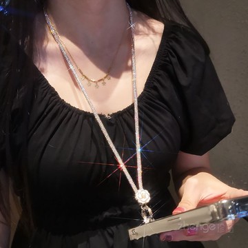 手機掛繩長款珍珠茶花滿鑽掛脖不勒脖子結實輕奢掛鏈手機殼通用女