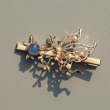 手作藍瑪瑙仿珍珠蝶翼髮夾