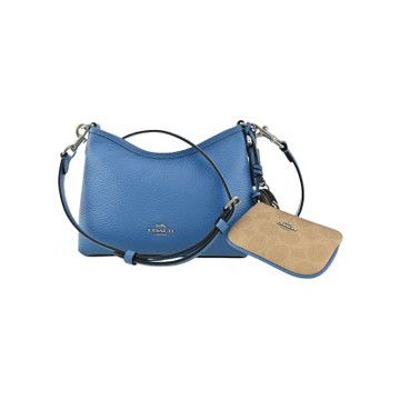 COACH湖水藍荔枝紋寬底船型小款肩背/斜背包