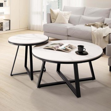 Boden-埃爾圓形白色岩板茶几組合(2.7尺大圓几+1.7尺小圓邊几)