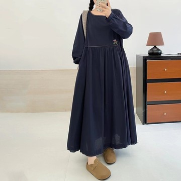 圓領高腰大擺慵懶文藝長款洋裝665607