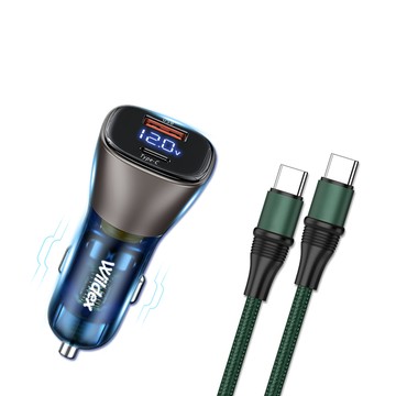 Wildex 63W急速充電 PD+QC雙孔電瓶電壓車充頭+100W 雙Type-C 傳輸充電線組合