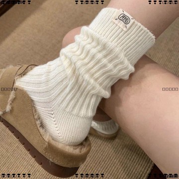 超實惠 八 襪子 腿套 一眼愛上的慵懶感~粗線日系米色布標堆堆襪顯瘦百搭純棉配勃肯鞋