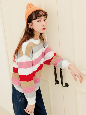 繽紛撞色條紋落肩針織毛衣