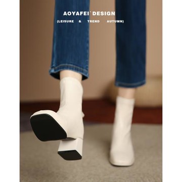 2025年新款經典復古風方頭薄款瘦瘦短靴粗高跟馬丁靴百搭單靴子女