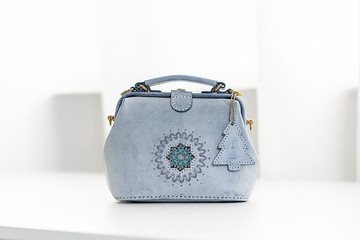 【切線派】雪花 医生包口金包真皮女士肩背包手提包中 雾蜡蓝