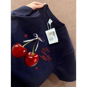 Muun studio （現貨馬上出）24hr出貨🍒蝴蝶結櫻桃印花短袖t恤寬鬆情侶百搭上衣