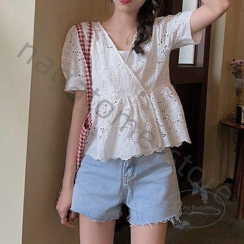 トップス レディース 春 夏 フェミニン 春服 春夏コーデ ブラウス シャツ カットレース 透かしレース 総レース 花柄レース カシュクール ペプラム 半袖 通販 Lineポイント最大get Lineショッピング