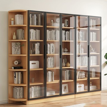 書櫃 實木書櫃書架組合客廳帶玻璃門落地儲物櫃簡約展示櫃大容量書櫥櫃S0128快速出貨