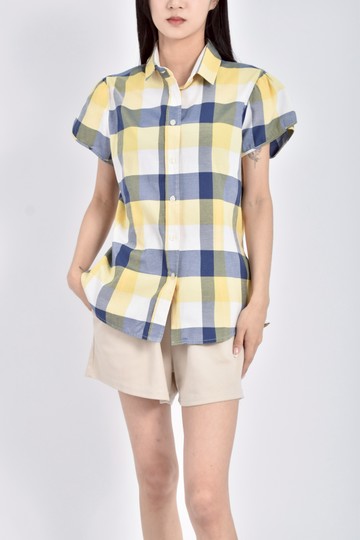 (M) naracamecie格紋跳色短袖藍色襯衫上衣