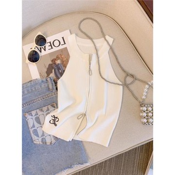 夏季設計感復古氣質露背拉鏈修身顯瘦掛脖針織辣妹背心T恤上衣女