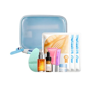 【新品 | 水潤煥采旅行組】旅行洗漱收納包(全修護緊緻面膜1入+81酵素去黑頭潔顏露22ml+外泌體修復再生精華5ml+10%神經醯胺保濕修護霜10ml+親膚洗臉海綿(湖水綠))+極水潤保濕面膜(2入組)+鳶尾花A醇防曬素顏霜SPF50+★★★10ml+杜鵑花酸去角質精華露20ml
