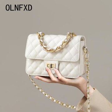 OLNFXD包包女士2025新款單肩斜挎包真皮高級感小香風菱格鏈條包女