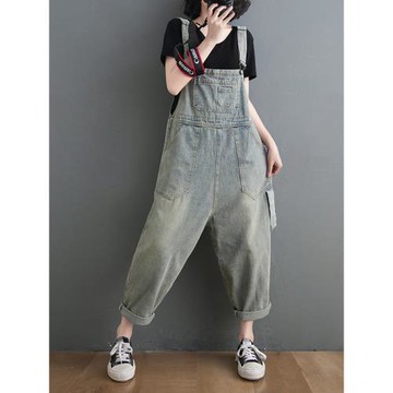 做舊牛仔背帶褲女韓版2025夏季新款高腰顯瘦吊帶連體褲休閑垮褲潮