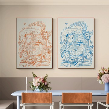 Lingoooo插畫｜Febbi｜013 狗狗犬兒大家庭 - 楓木色鋁框-藍色