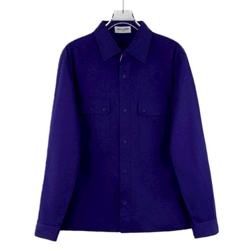 (L) ysl質感棉質翻領排扣純棉藍色襯衫上衣