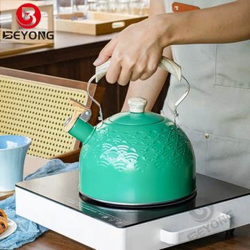歐式祥云紋不銹鋼煮水壺2.5L綠色鳴音壺跨境創意鳴笛燒水壺