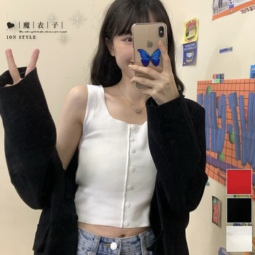 【QV3327】魔衣子-方領排釦短版無袖針織背心