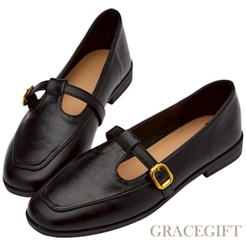 【Grace Gift】英倫金屬扣T字低跟瑪莉珍鞋 黑