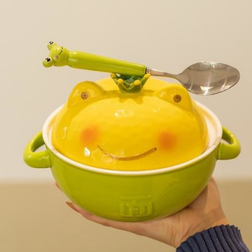 青蛙陶瓷泡面碗日式雙耳大號湯碗帶蓋大容量學生宿舍家用吃飯碗無