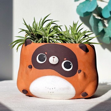 Terracotta tanuki plant pot. Handmade succulent planter.