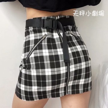 送皮帶！R4復古歐美街頭式高腰包臀黑白格拉鍊a字半身裙