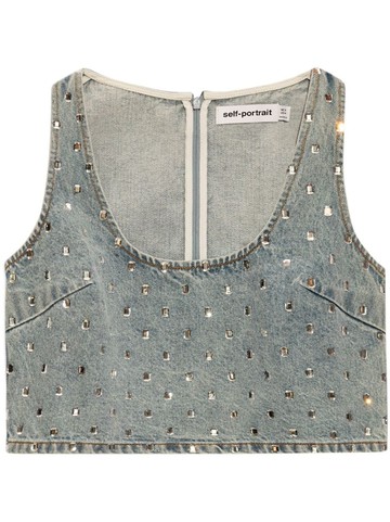 Top quadrato in denim con strass