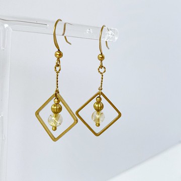 古典。天然金髮晶 水晶 黃銅耳勾 可改夾式 手工耳環 招正財 好運