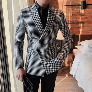 TWG潮牌千鳥格雙排扣休閑西裝外套男英倫風單西上衣免燙西服套裝