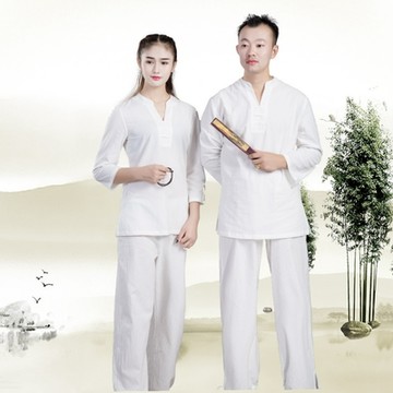 [米蘭精品] 唐裝中山裝套裝-太極功夫氣功茶禪七分袖棉麻男女套裝8款74jf15