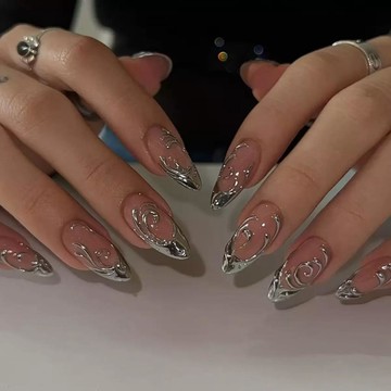 🌸好看美甲🌸半手工高階簡約穿戴歐美可拆卸杏仁指甲甲假金屬立體甲片美甲