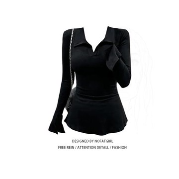 大碼胖MM黑色正肩開叉喇叭袖T恤女秋季新款修身顯瘦設計感上衣潮