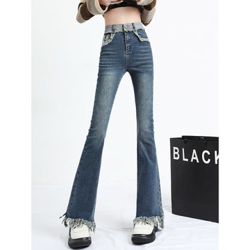 流蘇邊復古彈力牛仔喇叭褲女春秋修身高腰顯瘦垂感毛邊微喇牛仔褲