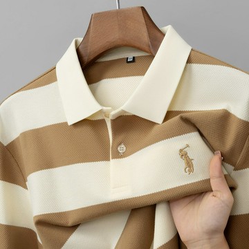 【新款熱賣】男士刺繡長袖翻領撞色條紋POLO衫T恤男商務休閑菠蘿紋中青年上衣t