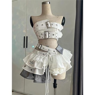 (免運)甜酷辣妹白色朋克風y2k抹胸上衣拼接蕾絲不規則蓬蓬裙性感兩件套