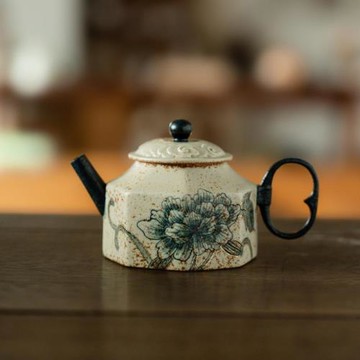 青花火石紅陶瓷茶壺手繪牡丹花高檔泡茶壺八方壺功夫茶杯茶具禮盒