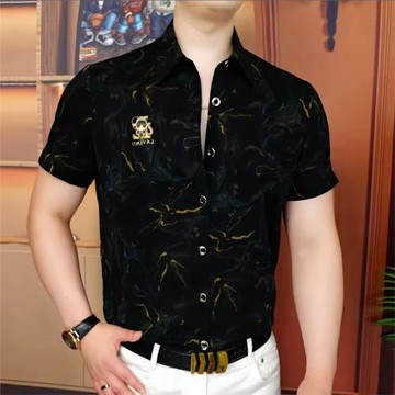 2026年夏季冰絲金紋老佛爺男裝襯衣百搭修身彈力垂感彈力短袖襯衣