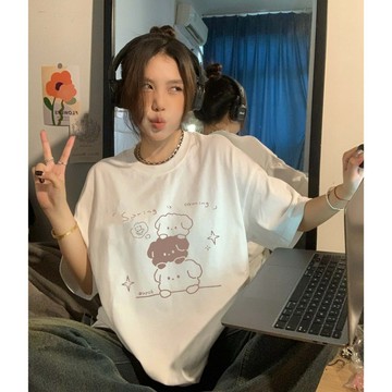 【林木木】100%純棉 美式复古女装 ins 風衣服 純棉 t恤 夏季 印花 t恤 休閒 韓版短袖 原宿风 純色 寬鬆