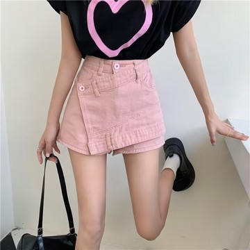 爆款直降價 牛仔褲女 超顯瘦 小個子 牛仔 女裝韓版不規則拼接褲裙高腰顯瘦防走光牛仔褲女小個子夏季百搭短褲子